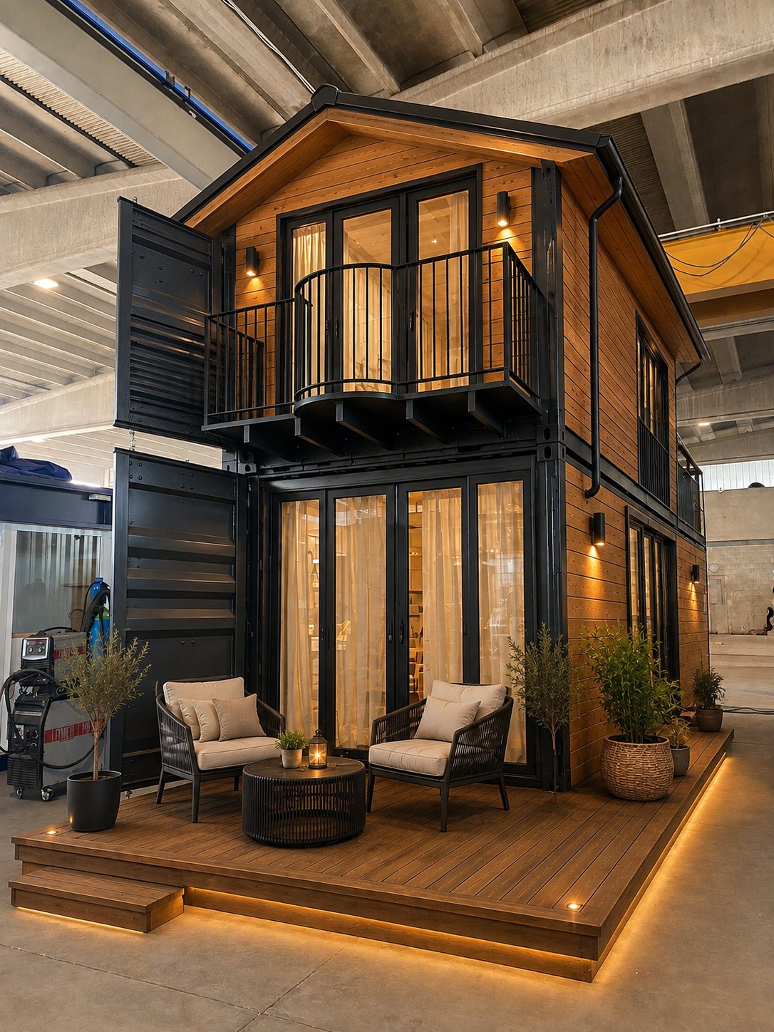 Der zweistöckige Container mit Holzverkleidung und schwarzen Rahmen, Balkon und beleuchteter Terrasse mit zwei Sesseln, in der Werkstatt