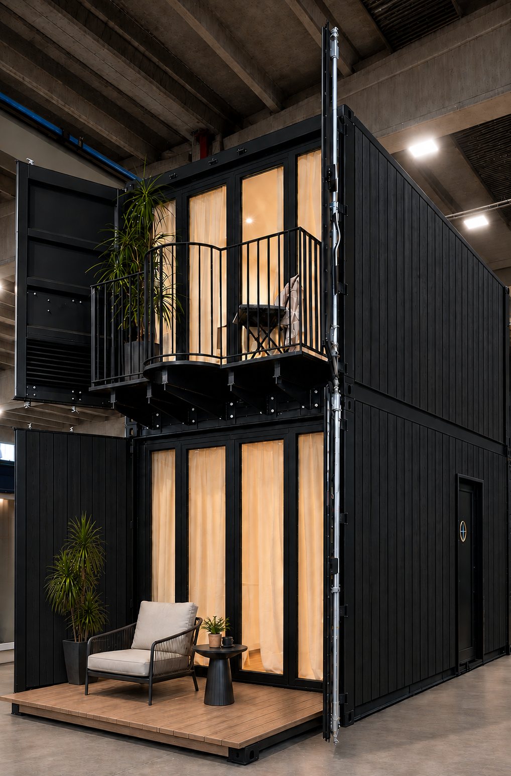 Zweistöckiger KleinCASA-Container, schwarz mit Holzlatten, Balkon und kleiner Terrasse mit Sessel, in der Werkstatt