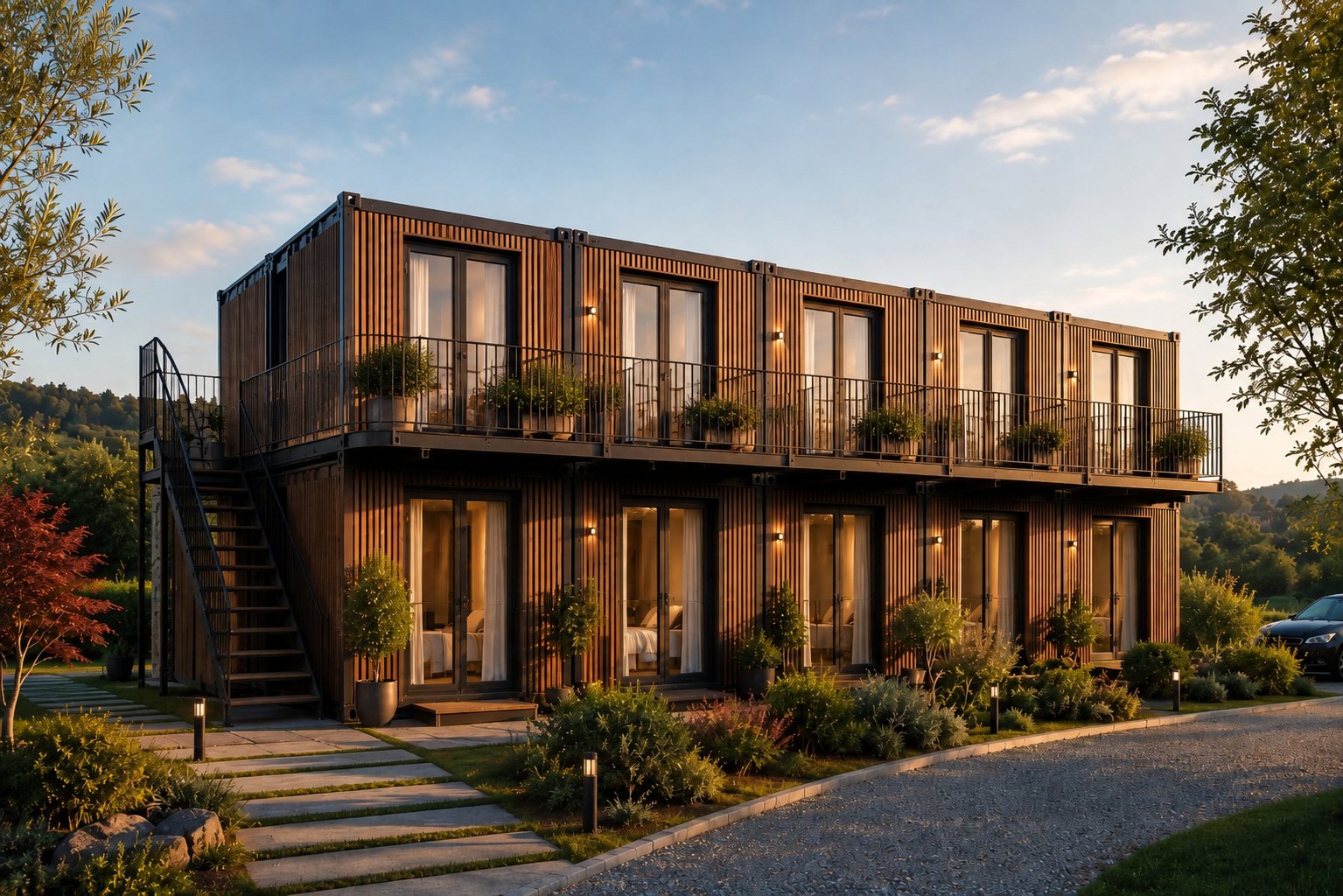 Rendering einer zweistöckigen touristischen Anlage aus Holz, mit Laubengang und Aussentreppe, im Grünen