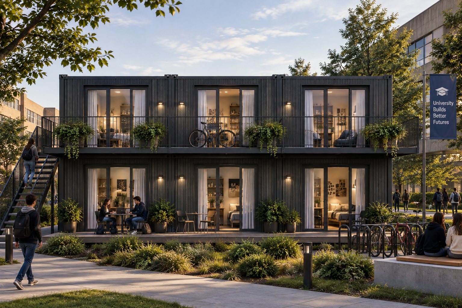 Rendering eines zweistöckigen Campus-Gebäudes, mit Studierenden auf der Wiese und Fahrrädern davor