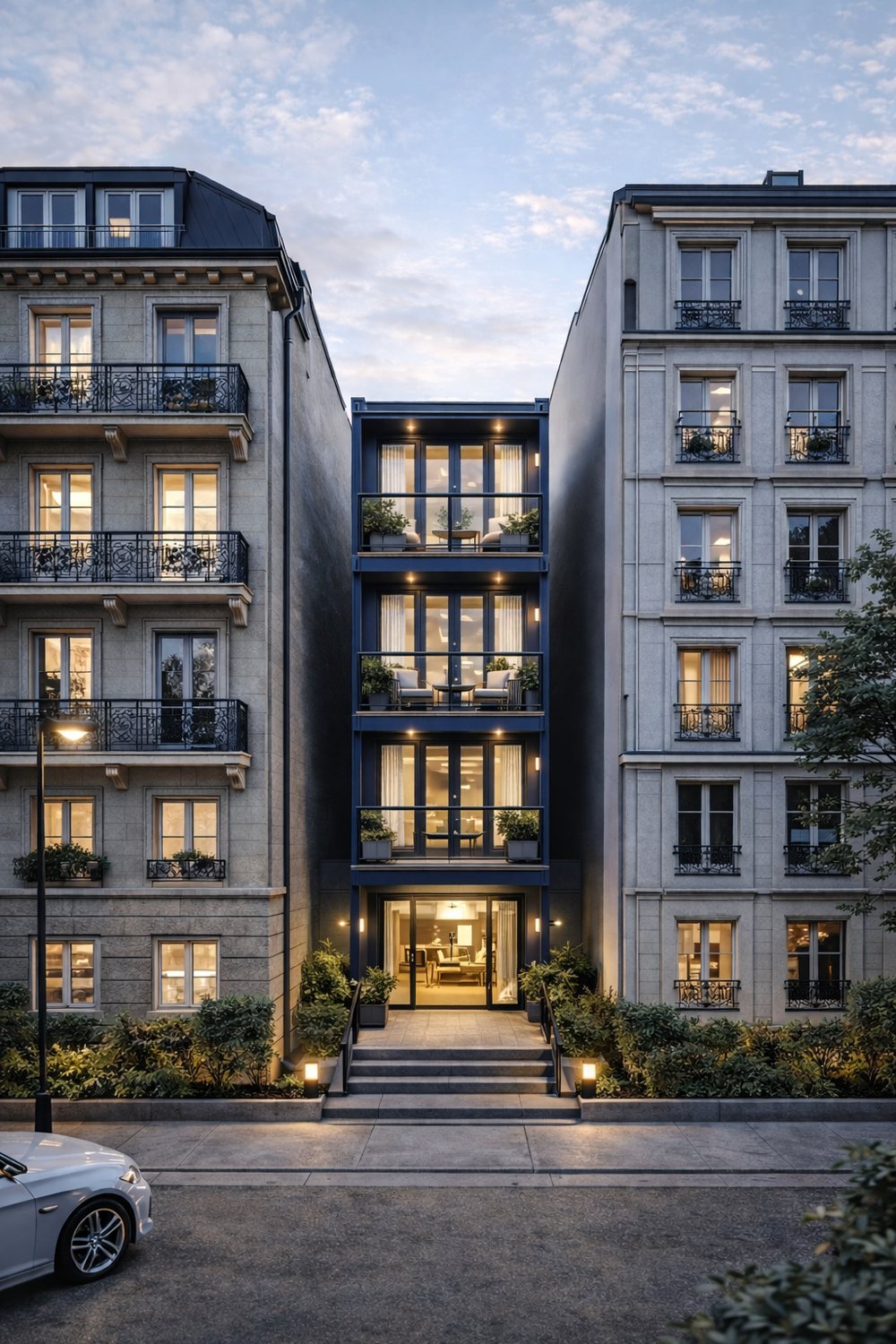 Rendering eines mehrstöckigen Gebäudes zwischen zwei Stadthäusern, mit begrünten Balkonen und beleuchtetem Eingang