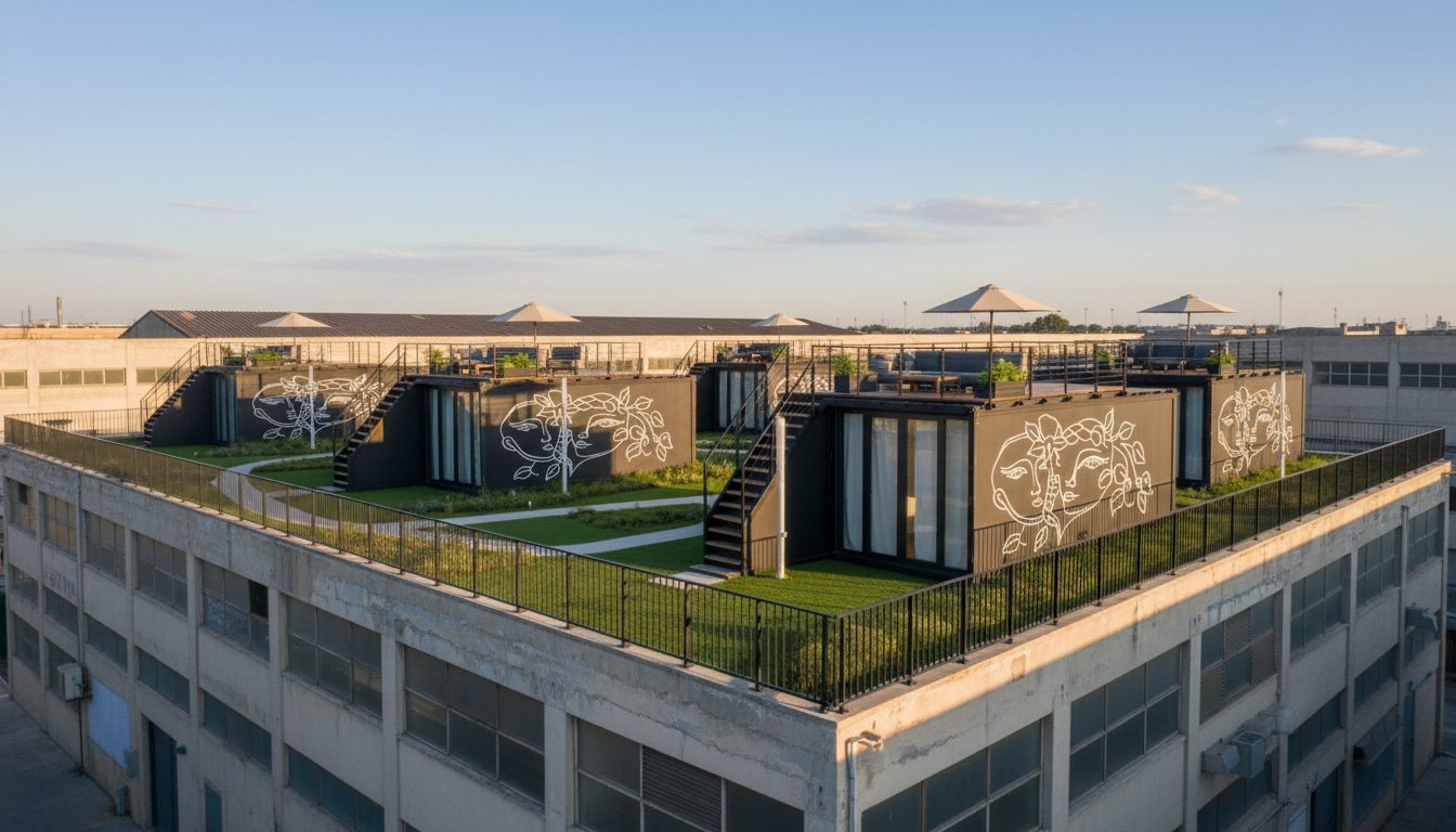 Rendering einer Gruppe von Einheiten mit Rasen und Treppen auf dem Dach eines Industriegebäudes