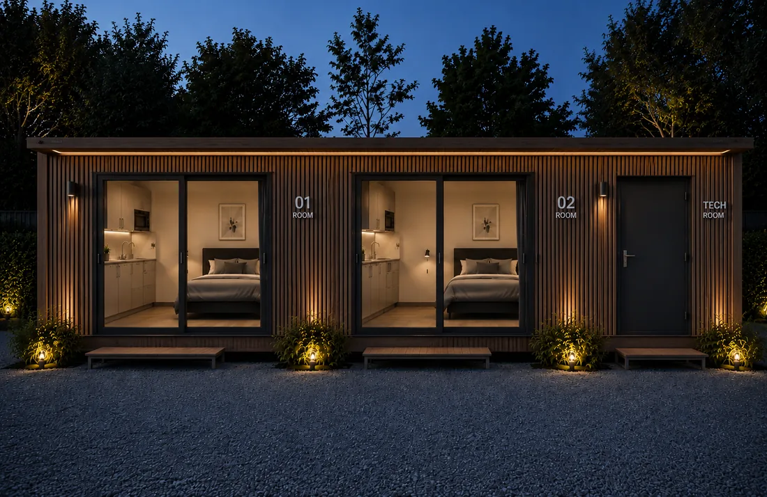 Rendering eines 40-Fuss-Mini-Apartments aus Holz in der Abenddämmerung, mit zwei beleuchteten Zimmern und einem Technikraum