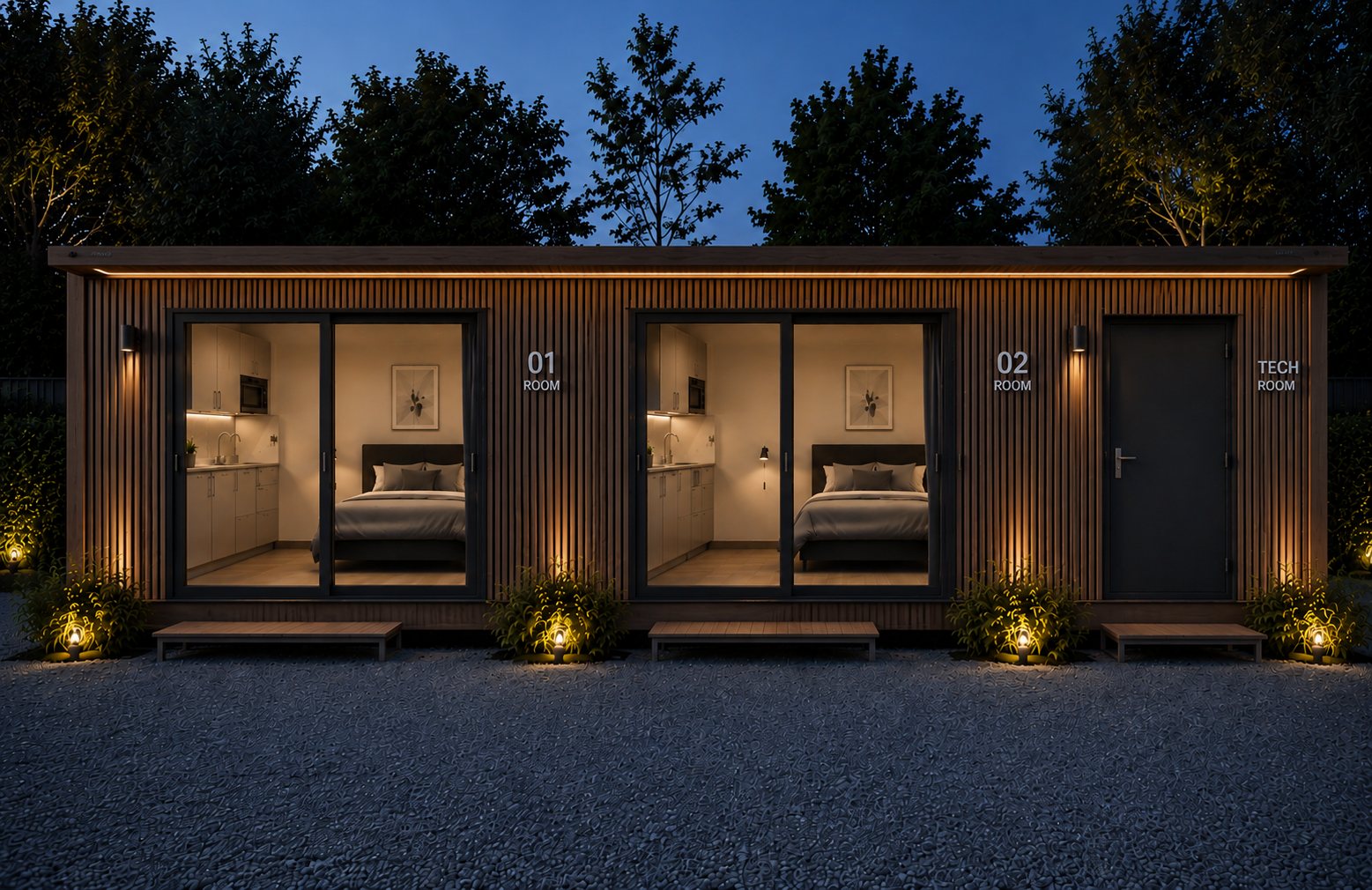Rendering eines 40-Fuss-Mini-Apartments aus Holz in der Abenddämmerung, mit zwei beleuchteten Zimmern und einem Technikraum