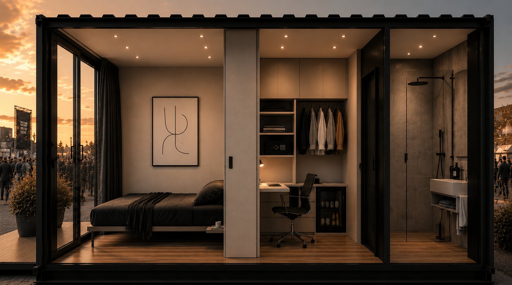 Schnitt-Rendering einer Mini-Suite im 20-Fuss-Container: Bett, Schreibtisch, Schrank und Dusche
