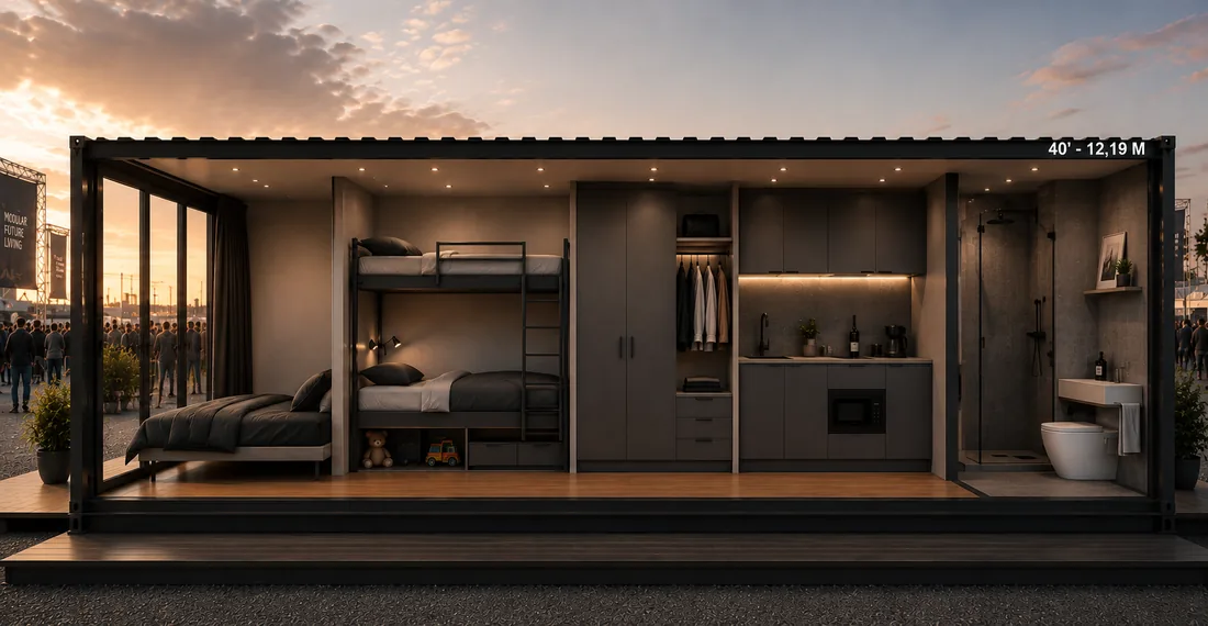 Schnitt-Rendering eines 40-Fuss-Containers mit Etagenbetten, Schrank, Küche und Bad