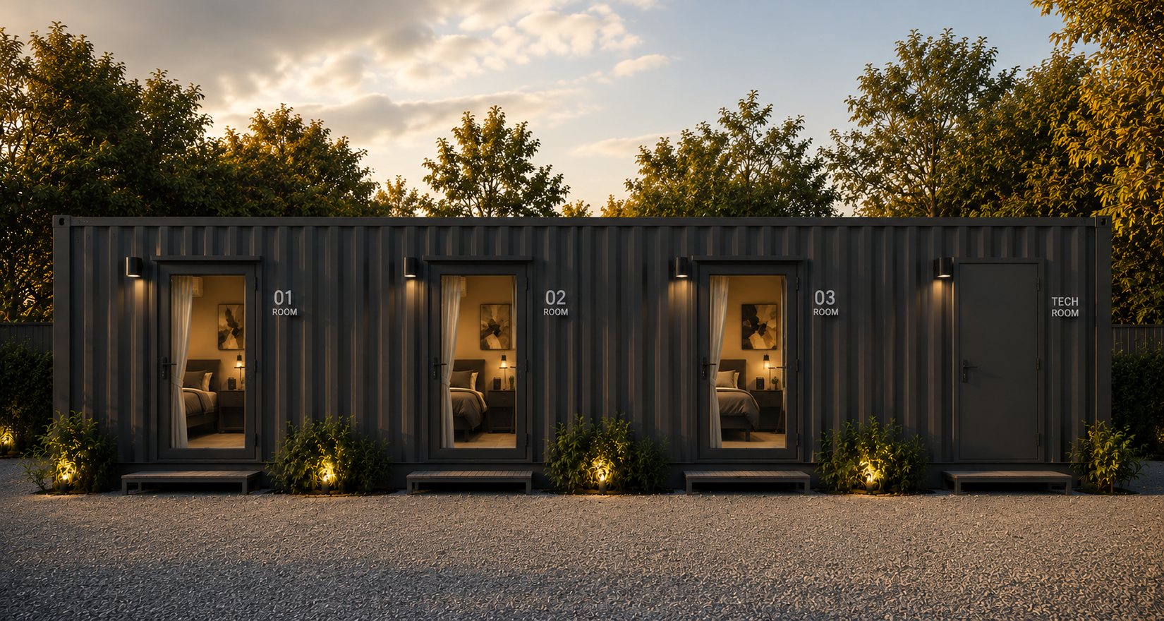 Rendering eines mobilen Hotels in einem dunklen 40-Fuss-Container mit drei Zimmern und einem Technikraum, zwischen Bäumen