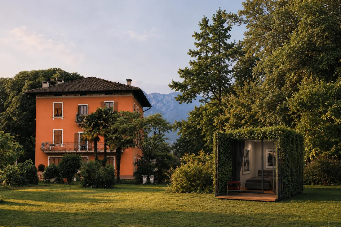 Rendering einer einzelnen begrünten 20-Fuss-Einheit auf dem Rasen einer Villa