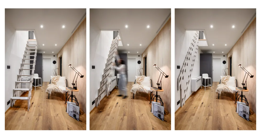 Die raumsparende Treppe in drei Fotos: ausgeklappt, beim Einklappen, an die Wand geklappt