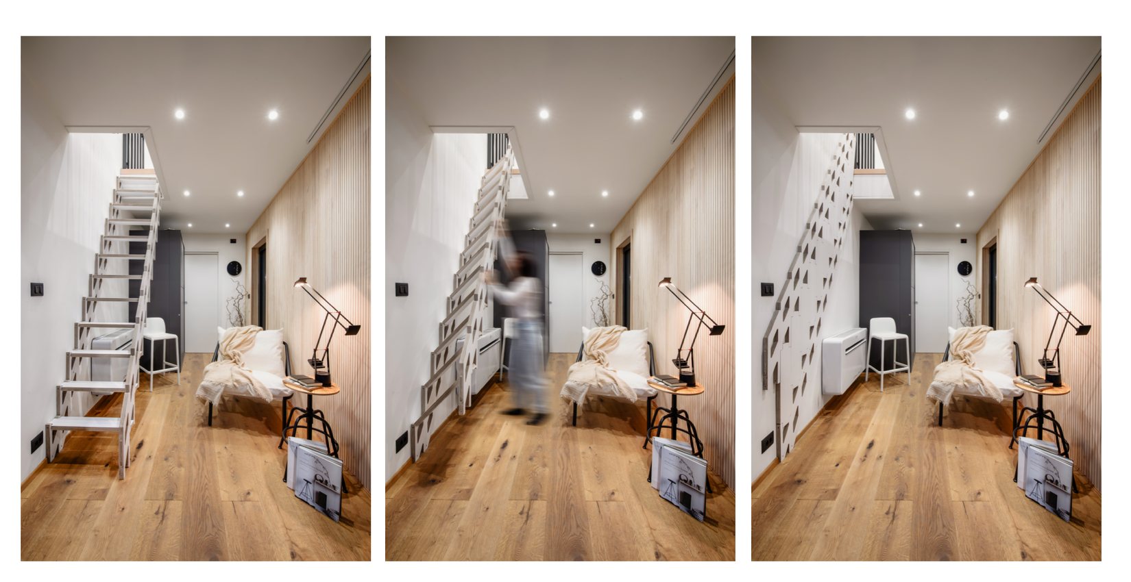 Die raumsparende Treppe in drei Fotos: ausgeklappt, beim Einklappen, an die Wand geklappt